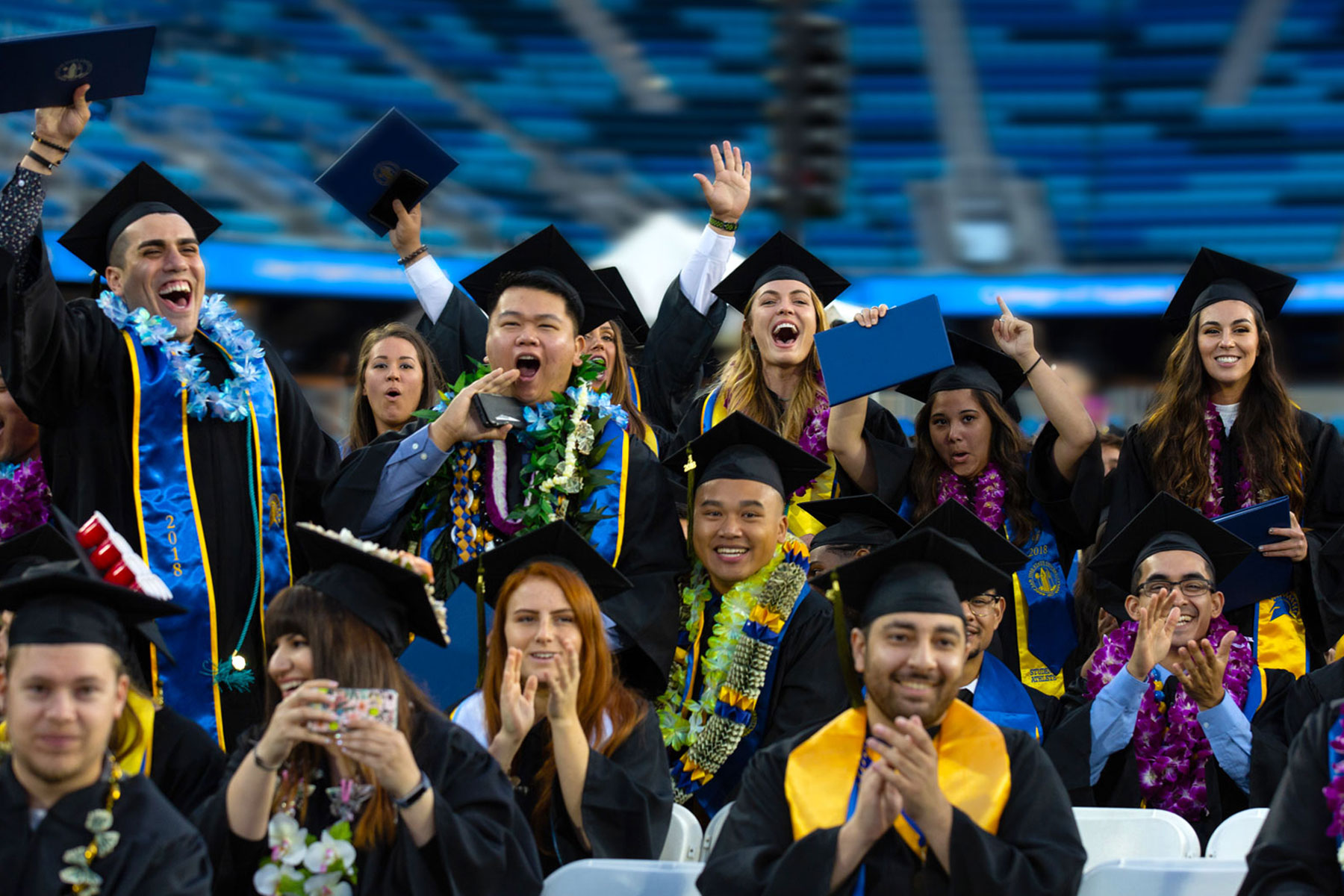 Students dressed in regalia happy during graduation ceremony.