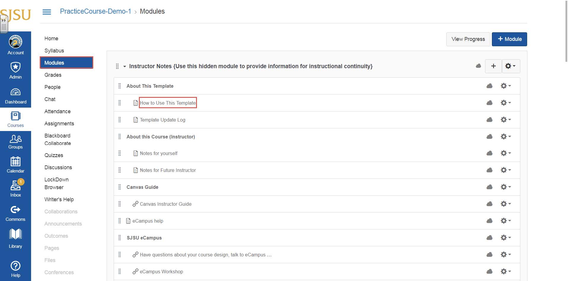 Import SJSU template to Course in Canvas image