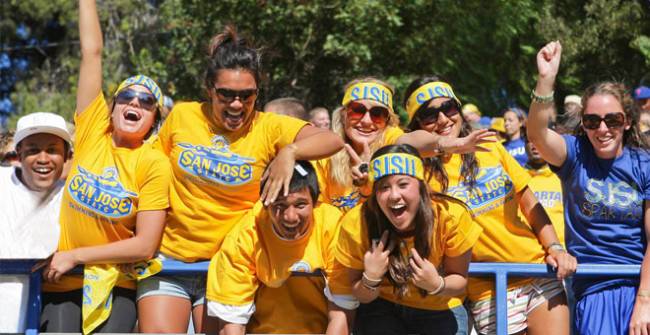 sjsu students in yellow shirts smiling