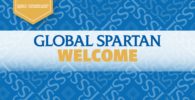 Decorative banner reading Global Spartan Welcome, blue and gold colors Decorative banner reading Global Spartan Welcome, blue and gold colors