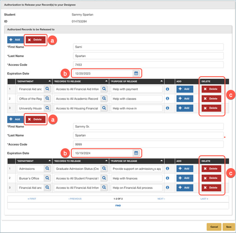 Screenshot of the “Authorization to Release your Record(s) to your Designee” page showing authorized designee information, including name, access code, expiration date, and tables of departments and records to be released with Add and Delete buttons.