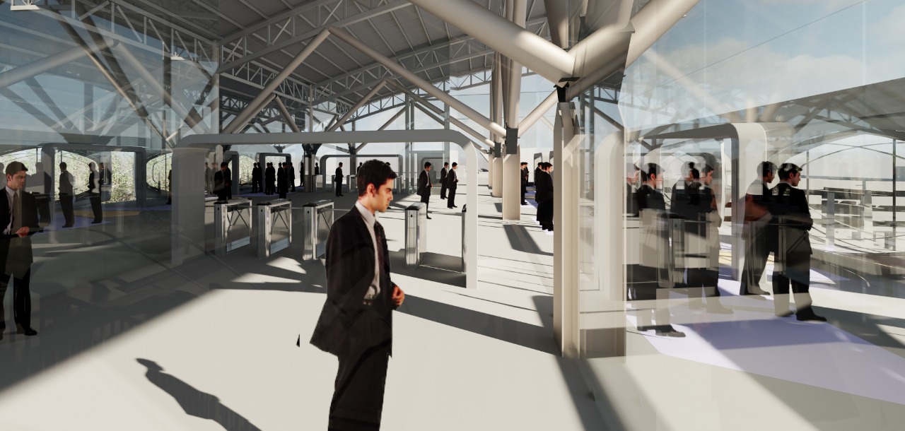 Rendering of loading dock where passengers enter pod.