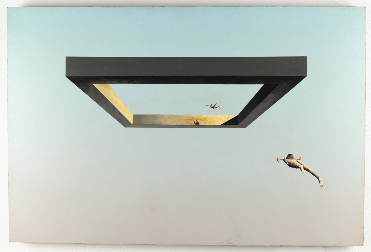 Dennis Nolan - Mobilior Ventis Femina - 1968 Surreal painting with a two figures and a floating rectangular structure against blue background